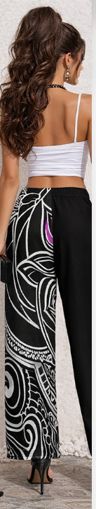 Rich and Rich Women's Black and Purple Abstract Wide-Leg Pants - Comfortable High-Waist Style