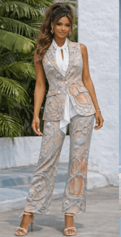 Sleeveless peach and white women's blazer vest with open front and single button — alternate view