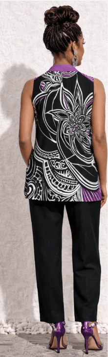 Sleeveless black and purple abstract blazer vest with turn-down collar and single-button open front — side view