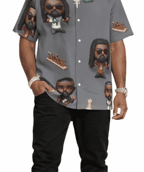 Gray short-sleeve Hawaiian shirt with caricature all-over print and notch lapel collar