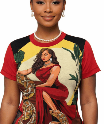 Red women's all-over print crew-neck T-shirt with pet design, regular fit, and sublimation print