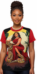 Woman wearing a t-shirt with a graphic design of a woman in a red dress with a snake and floral elements.