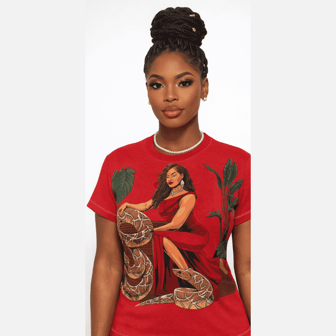 Women's red all-over print crew neck tee with pet-themed design on lightweight polyester