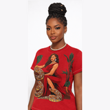 Women's red all-over print crew neck tee with pet-themed design on lightweight polyester — alternate view