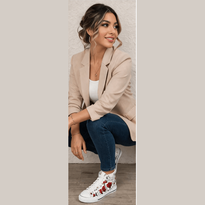 White high-top women's sneakers with full-wrap musical notes and red rose print, pleather toe and rubber sol — alternate view