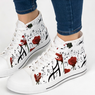 Rich and Rich Women's Musical Notes and Red Rose Designer White Sneakers
