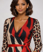 Beige and red animal print wrap dress with V-neck and waist tie — alternate view