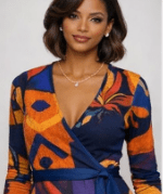 Orange patterned women's wrap dress with V-neck and adjustable waist tie — alternate view