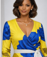 Yellow and blue rose wrap dress with V-neck, long sleeves and belt tie, above-knee length — alternate view
