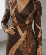 Brown and gold abstract print long-sleeve wrap dress with belt tie