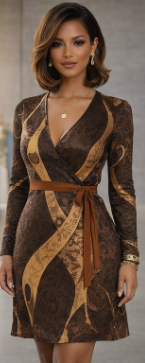 Woman wearing a patterned dress with a belt against a neutral background