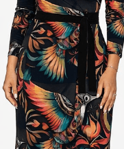 Black wrap dress with multicolor Birdsong print, v-neck and belt tie in jersey fabric — alternate view