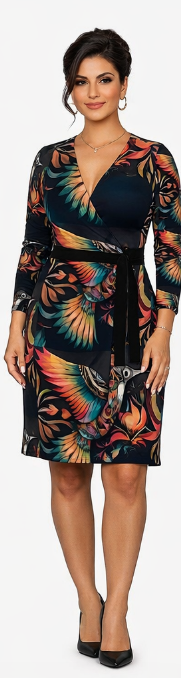 Rich and Rich Birdsong Multicolor Women's Black Wrap Dress