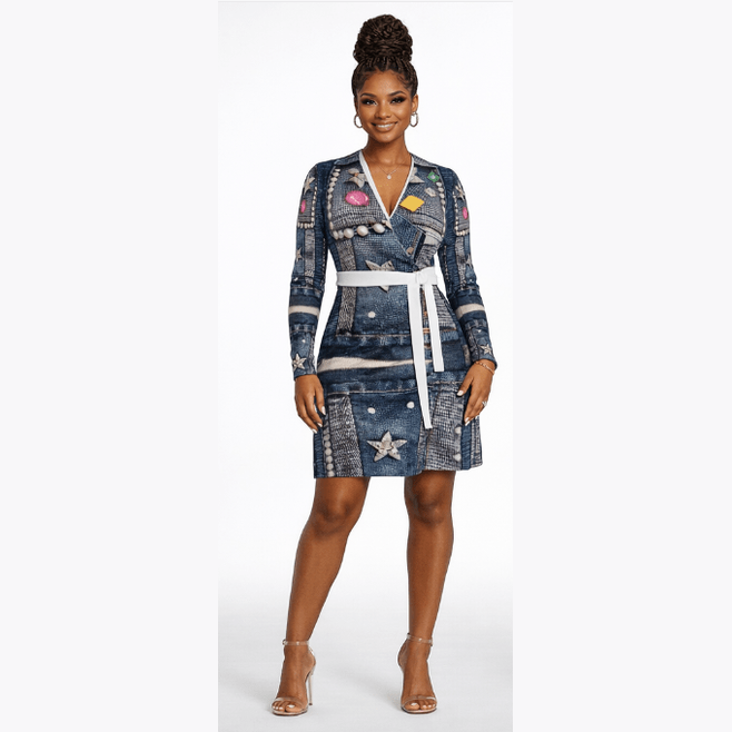 Blue jean-print wrap dress with V-neck, long sleeves and belt tie