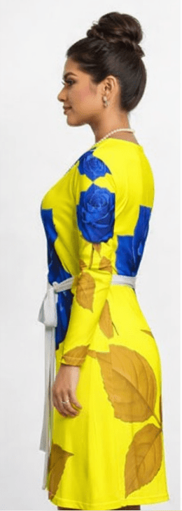 Yellow and blue rose wrap dress with V-neck, long sleeves and belt tie, above-knee length — side view