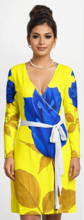 Yellow and blue rose wrap dress with V-neck, long sleeves and belt tie, above-knee length — product detail