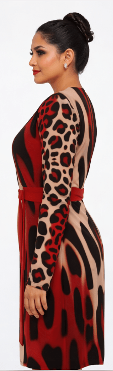 Beige and red animal print wrap dress with V-neck and waist tie — rear view