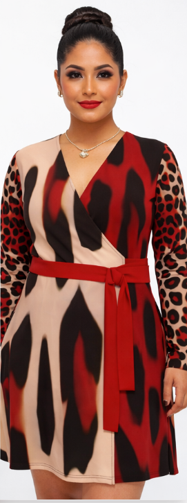 Rich and Rich Beige and Red Animal Print Women's Wrap Dress