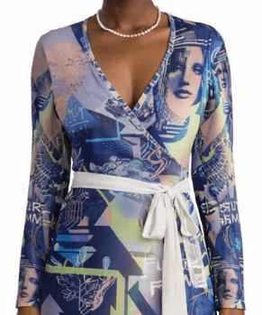 Blue multicolor graphic wrap dress with V-neck, long sleeves and above‑knee length — alternate view