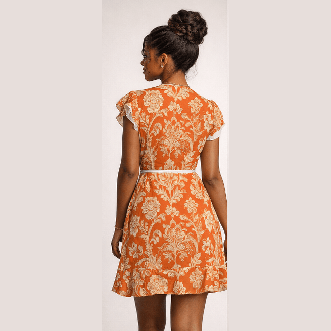 Orange floral tea dress with flounce hem and waist tie — side view