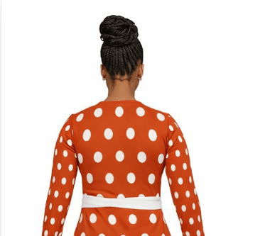 Orange polka dot long-sleeve wrap dress with V-neck and belt tie — additional view 6