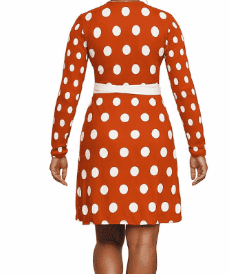 Orange polka dot long-sleeve wrap dress with V-neck and belt tie — alternate view