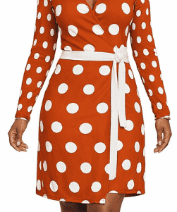 Orange polka dot long-sleeve wrap dress with V-neck and belt tie