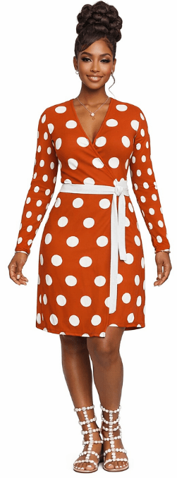 Orange polka dot long-sleeve wrap dress with V-neck and belt tie