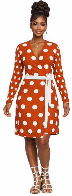 Rich and Rich Orange Polka Dot Women's Designer Wrap Dress