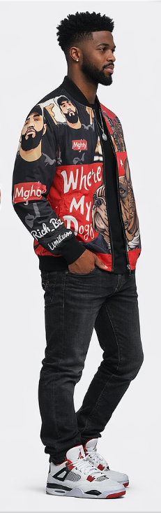 Rich and Rich Graphic Unisex Bomber Red Caricature Jacket
