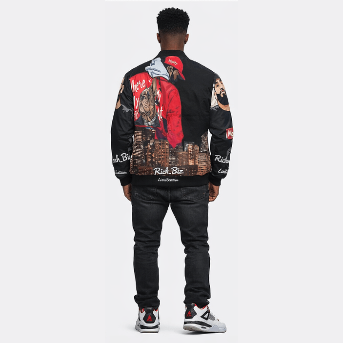 Red unisex bomber jacket with caricature graphics, ribbed collar, zip front and pouch pockets — alternate view