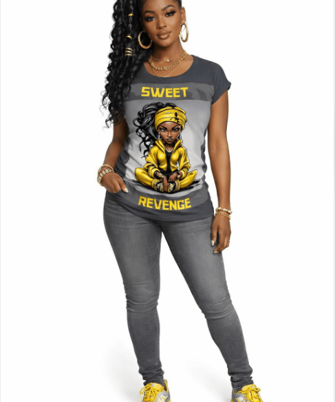 Gray women's graphic t-shirt with 'Sweet Revenge' print, scoop neck and cap sleeves