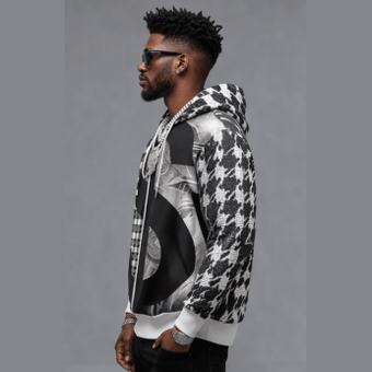 Men's black and white checker patterned hoodie with white trim and kangaroo pocket — alternate view