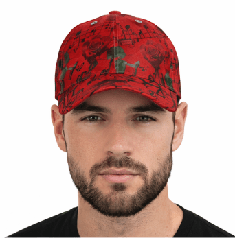 Red unisex baseball cap with musical notes and red roses print, curved peak and adjustable fit