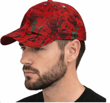 Red unisex baseball cap with musical notes and red roses print, curved peak and adjustable fit — alternate view
