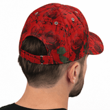 Red unisex baseball cap with musical notes and red roses print, curved peak and adjustable fit — side view