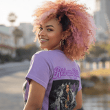 Lavender women's all-over graphic T-shirt with relaxed fit and ribbed collar — side view