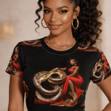 Black women's T-shirt with all-over snake and red dress graphic print