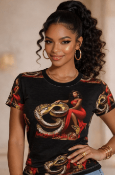 Black women's T-shirt with all-over snake and red dress graphic print