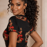 Black women's T-shirt with all-over snake and red dress graphic print — alternate view