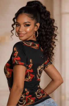 Black women's T-shirt with all-over snake and red dress graphic print — alternate view