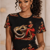 Black women's T-shirt with all-over snake and red dress graphic print — product detail