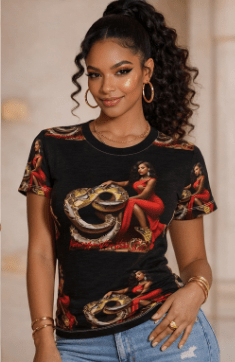 Black women's T-shirt with all-over snake and red dress graphic print — product detail