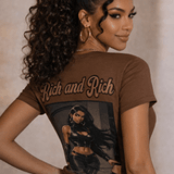 Women's brown all-over graphic T-shirt featuring bold 'Rich and Rich' print — alternate view