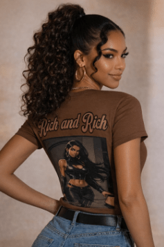 Women's brown all-over graphic T-shirt featuring bold 'Rich and Rich' print — alternate view
