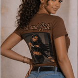 Women's brown all-over graphic T-shirt featuring bold 'Rich and Rich' print — product detail