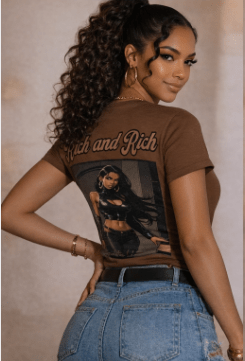 Women's brown all-over graphic T-shirt featuring bold 'Rich and Rich' print — product detail
