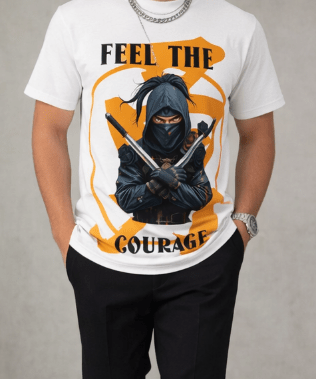 White unisex t-shirt with a bold ninja courage graphic printed on the front