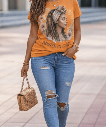 Women's orange crewneck T-shirt with Rooted in Grace graphic print