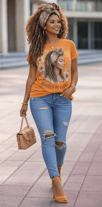 Women's orange crewneck T-shirt with Rooted in Grace graphic print